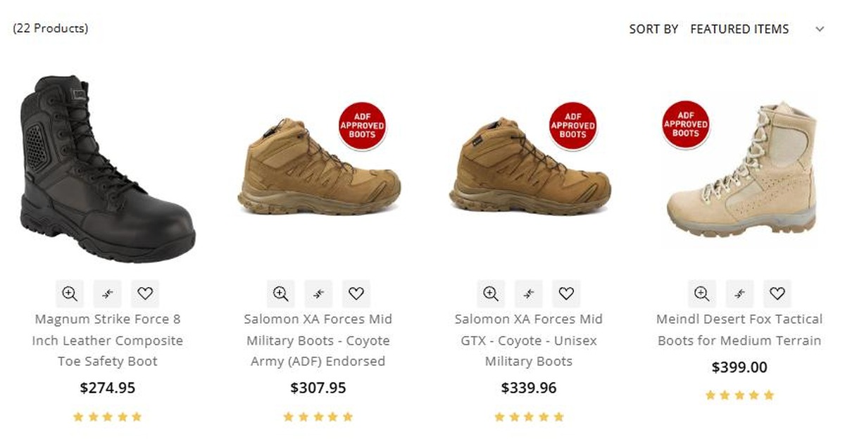 Military Shop tactical boots range with ADF approved badges and prices