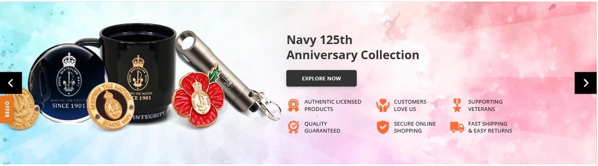 Military Shop homepage showing authentic licensed products and supporting veterans badges