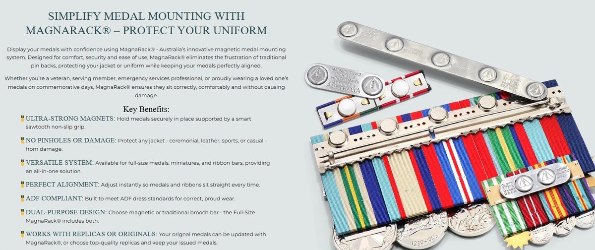 MagnaRack magnetic medal mounting system from Military Shop with sawtooth grip and ribbon bars