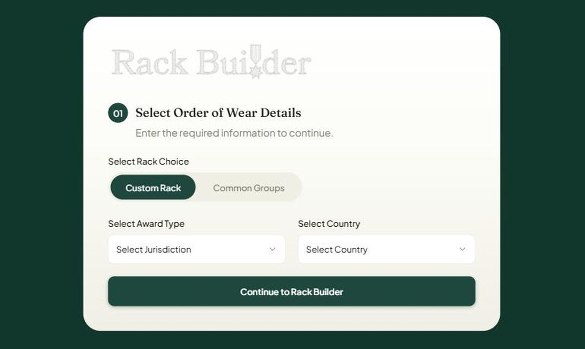 Military Shop medals Rack Builder order of wear selection screen