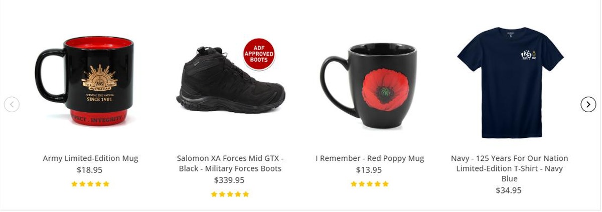 Military Shop product prices including Army mug, ADF approved Salomon boots and Navy 125 Years t-shirt