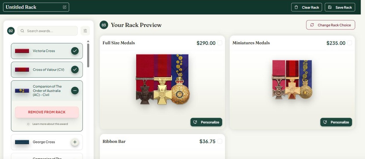 Military Shop medals Rack Builder live preview showing full size, miniature and ribbon bar prices