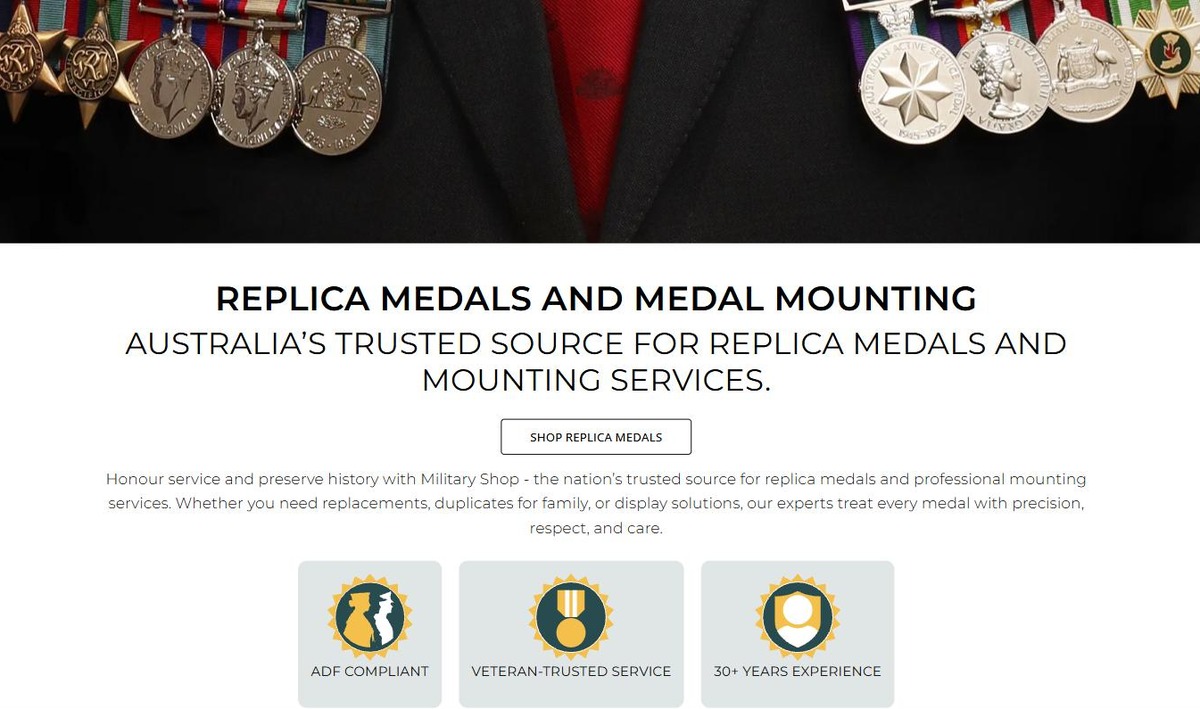 Military Shop replica medals and medal mounting page showing ADF compliant and 30 plus years experience