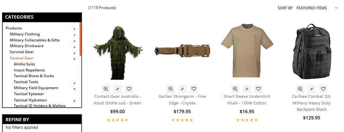 Military Shop tactical gear catalogue showing 1119 products with categories and prices