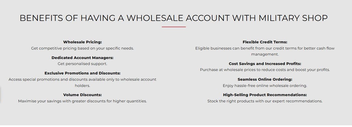 Military Shop wholesale account benefits including volume discounts and credit terms