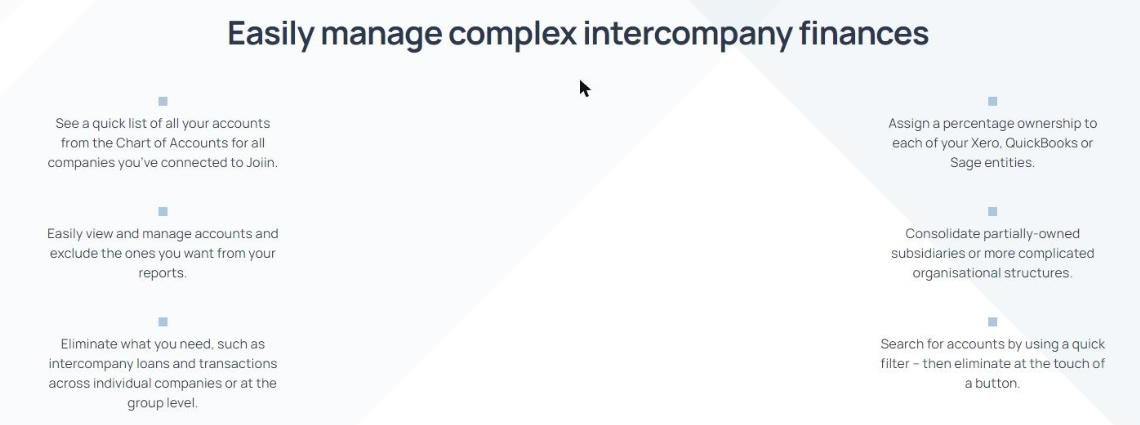 Inter-company management features behind Joiin consolidation, including percentage ownership