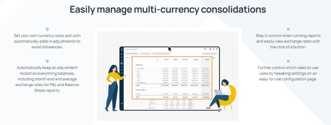 Multi-currency options in Joiin consolidation showing exchange rate controls