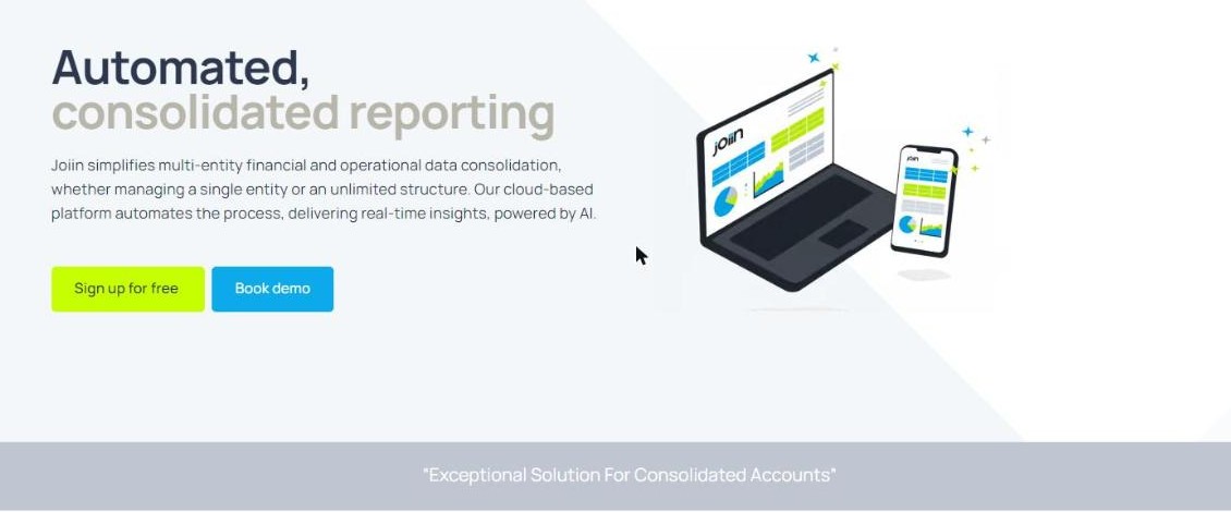 Joiin consolidation product page describing automated consolidated reporting