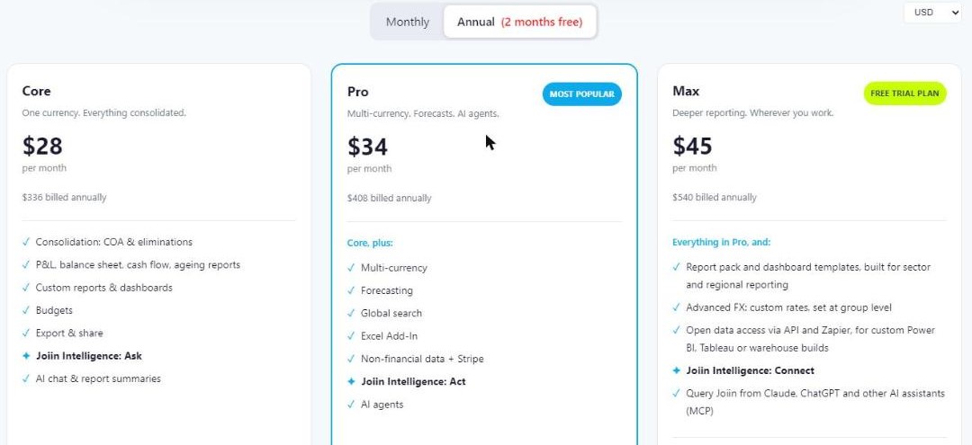 Joiin consolidation pricing plans Core, Pro and Max at one company